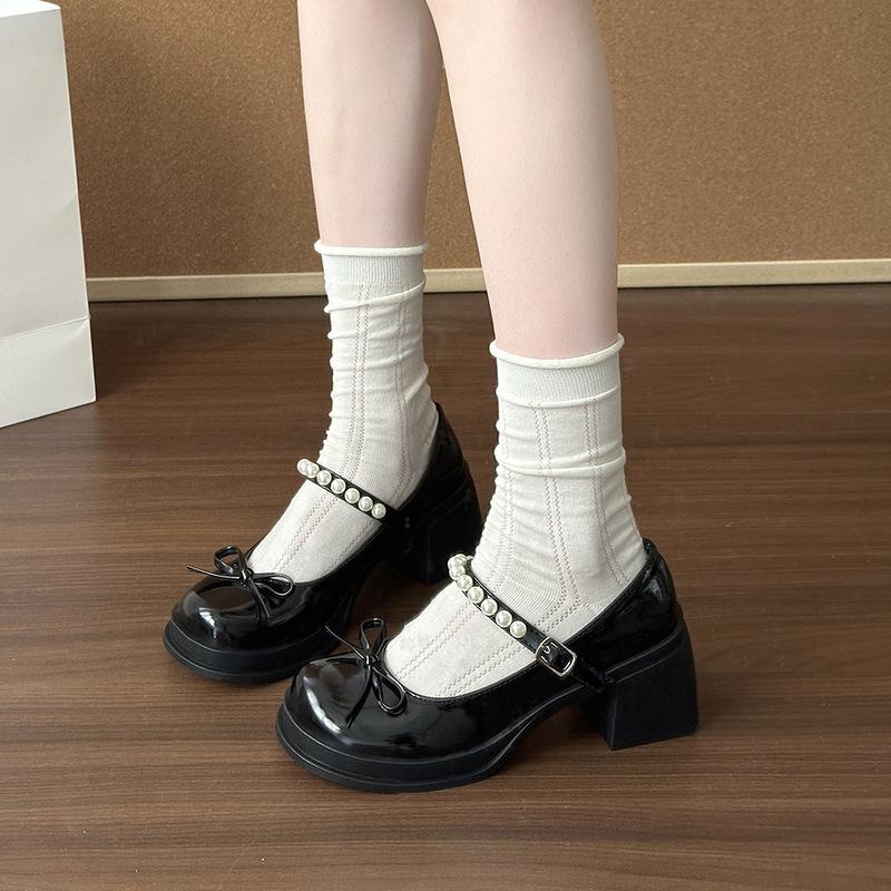 Sweet bow light mouth thick heel single shoes 2025 summer fashion one-word buckle belt Mary Jane high heel small leather shoes