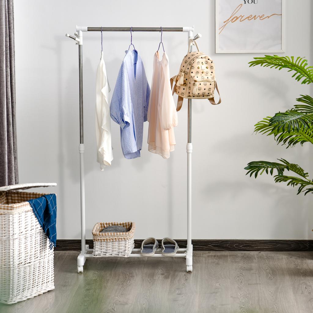 Rolling Coat Rack, Height-Adjustable, with Lower Shelf, 4 Casters, White