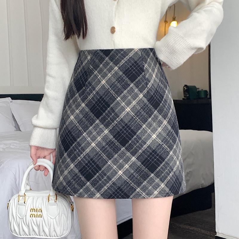 High-Waist Plaid Wool A-line Skirt for Women - Autumn Winter Collection 2026 3XL