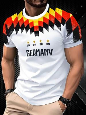 Germany 4-Star Champions Commemorative Short Sleeve T-Shirt, Men's World Cup National Flag Plaid Print Sports Tee, Summer Loose Casual Fans Outfit