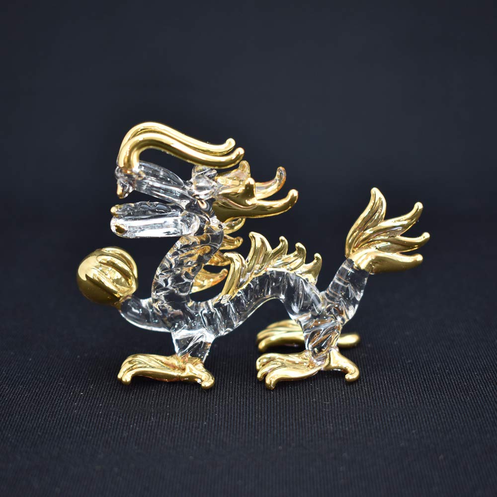 Handmade Glass Emperor Dragon with Golden Orb, Small