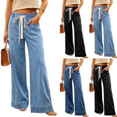 Dames jeans met wijde pijpen, lichtgewicht, rechte pijpen, baggy model met trekkoord.