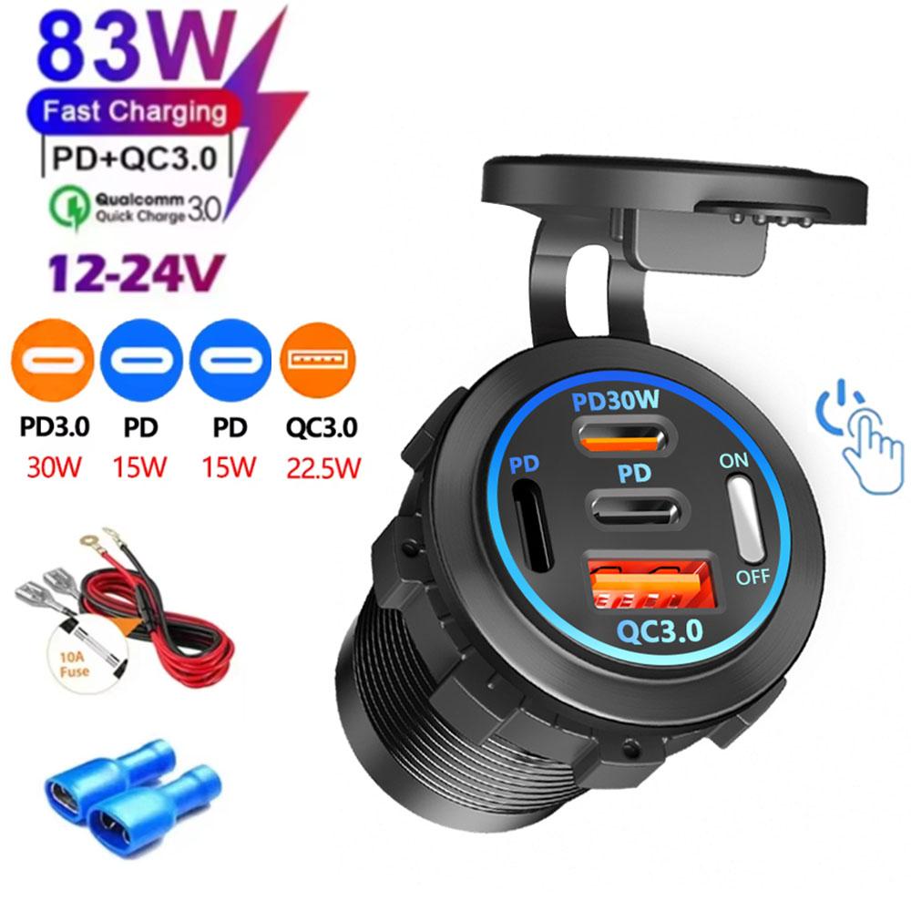 Car Charger Socket Type-C & Dual USB 3Ports Fast Charger Socket Waterproof with Voltmeter 12V/24V For Boat Motorcycle Adaptors