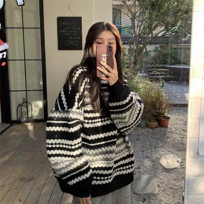 Pulôver listrado pulôver suéter feminino outono e inverno novo solto outwear oversize despojado topo médio longo inverno suéter