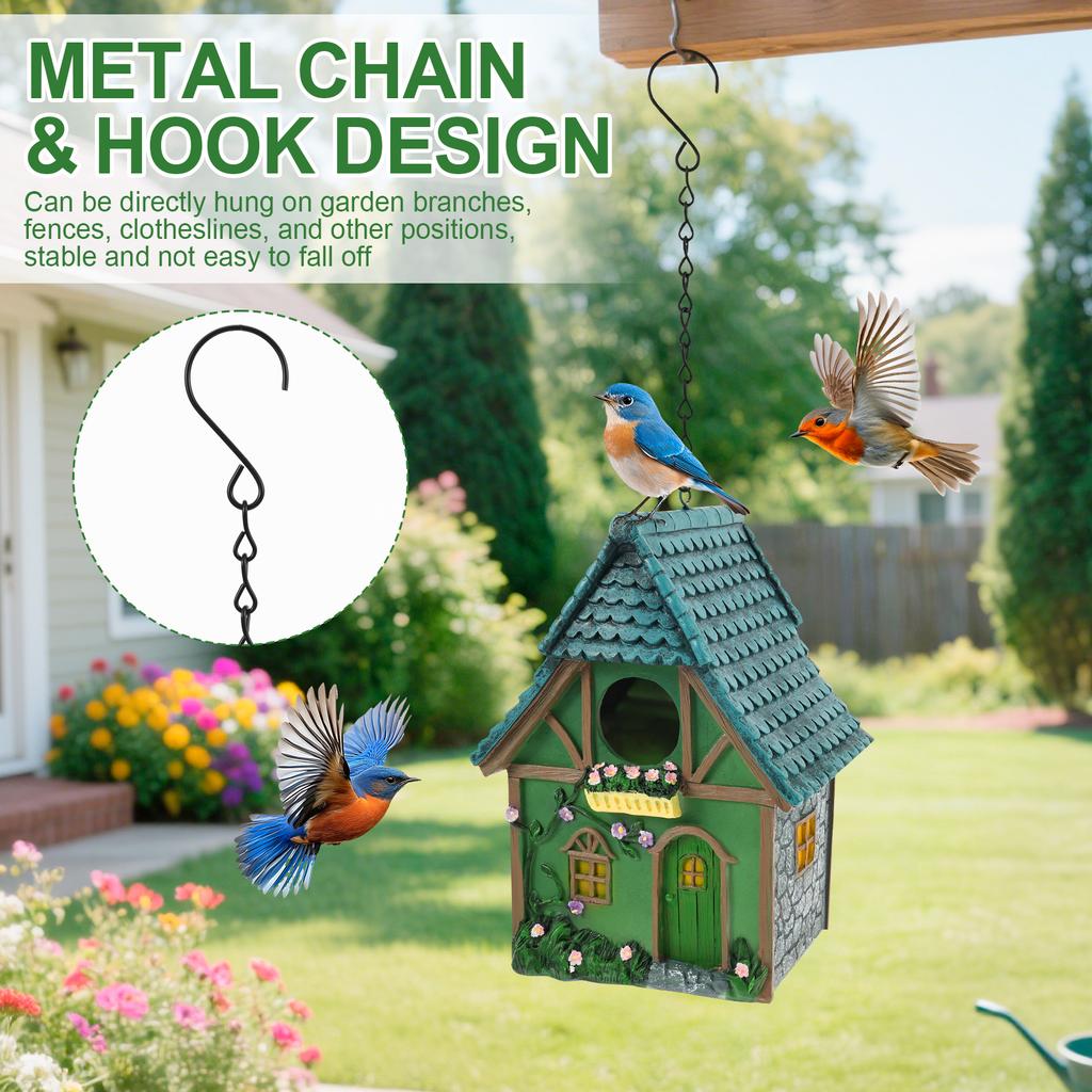 Bird House Resin Hanging Outdoor Bird Box with Chain Hook Weatherproof Finch House Exquisite Garden Decoration for Outdoor Yard