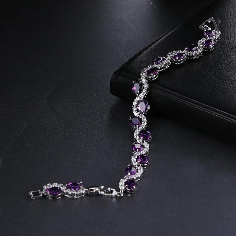 Nytt glitrende lilla krystall hvitt zirkonia komplett sett armbånd dame elegant temperament zirkon tilbehør fest feriegave