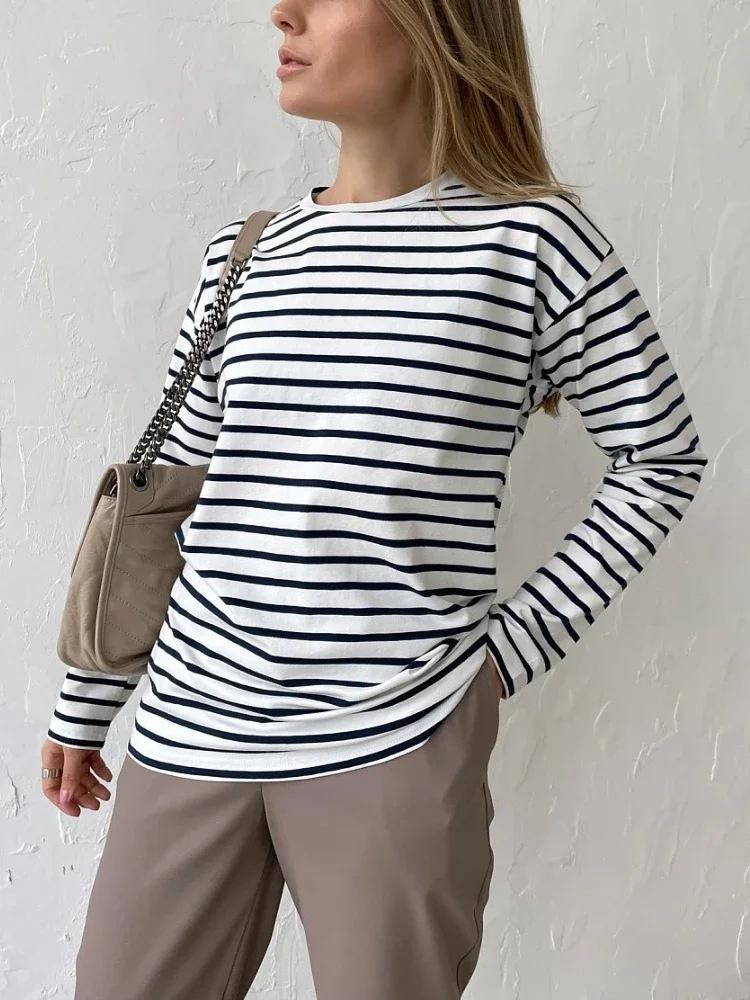 Autumn Long-sleeved Striped T-shirt Women's Casual Tops Women's Comfortable Loose Cotton T-shirt