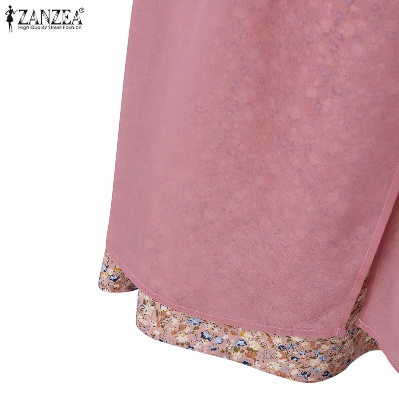 ZANZEA Women Casual Floral Print Long Sleeve Fake Two Piece Long Dress