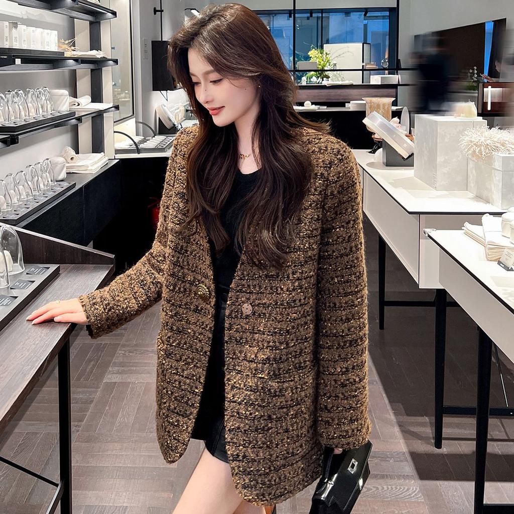 Women Tweed Jacket Premium Knitted Wool Blend Mid Long Coat Fashion Outerwear