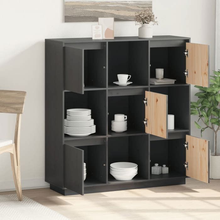 High Sideboard - VIDAXL - Solid Pine Wood - 5 Doors - Grey - 110.5x35x117 Cm