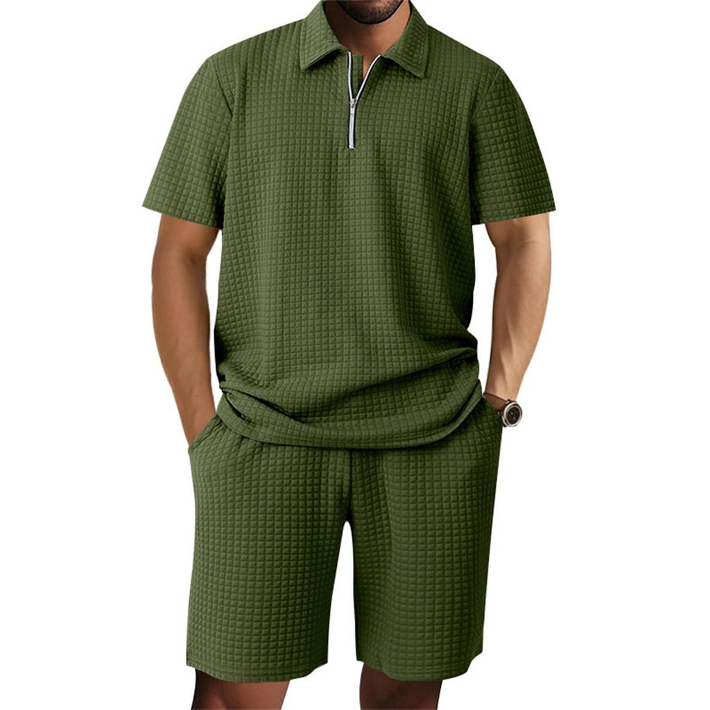 Men'S Solid Color Casual Collar Short Sleeved Shorts Two-Piece Set