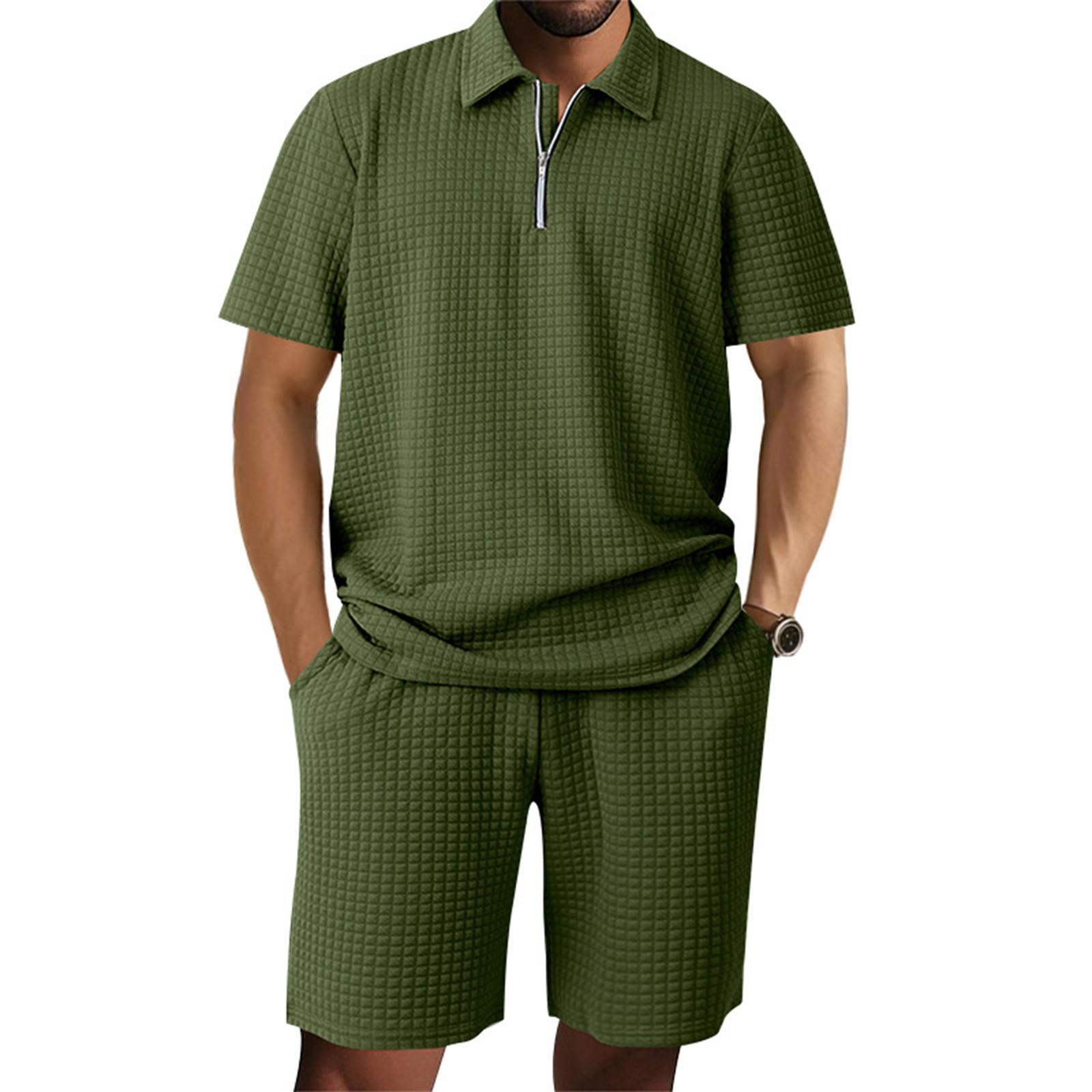 

Men S Solid Color Casual Collar Short Sleeved Shorts Two-Piece Set XXXL армія зелений колір