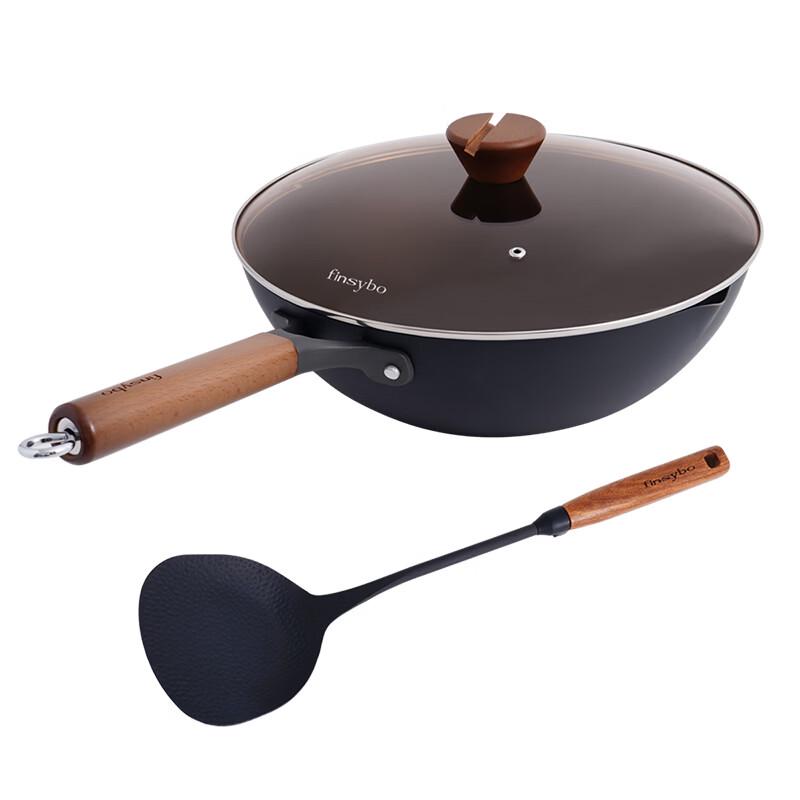Finsybo 32cm Nitrided Iron Wok & Spatula Set