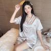 Sweet And Cool Girl Style Summer Ice Silk Pajamas Short-Sleeved Shorts Jacquard Cat Lapel Loungewear Set