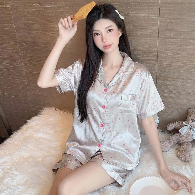 Sweet And Cool Girl Style Summer Ice Silk Pajamas Short-Sleeved Shorts Jacquard Cat Lapel Loungewear Set