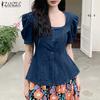 ZANZEA Women Casual Square Neck Summer Short Sleeve Elegant Blouse