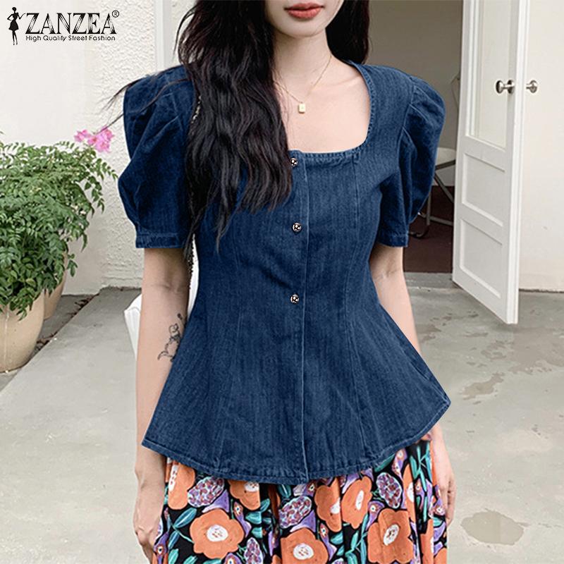 ZANZEA Kvinner Casual Firkantet Hals Sommer Kortermet Elegant Bluse