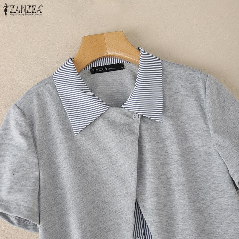 ZANZEA Women Stripe Splice Turn Down Collar Short Sleeve Blouse