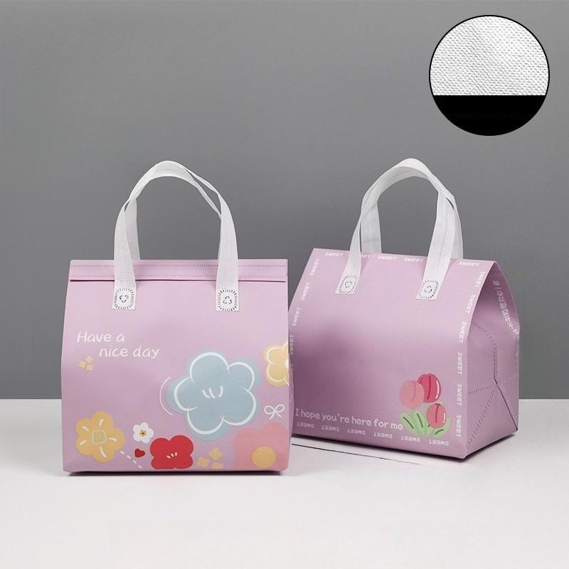 

Color Printed Aluminum Foil Packaging Bag Catering Baking Tote Pockets Disposable Non-woven Cake Milk Tea Coffee Delivery Bags Insulated Takeout Pouch 21x26x11cm 25pcs