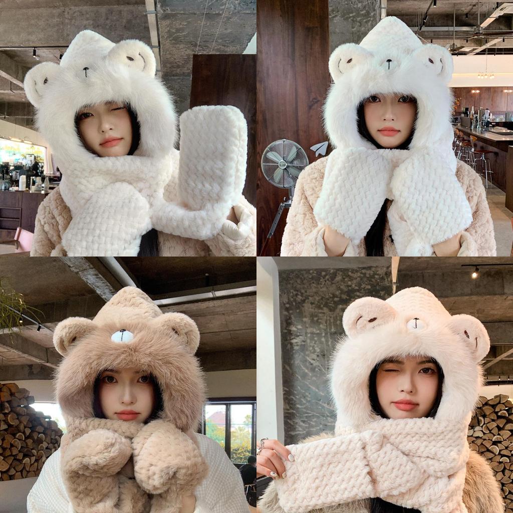 Polyester Winter Knit Hat With Earmuff And Scarf For Girls And Teens