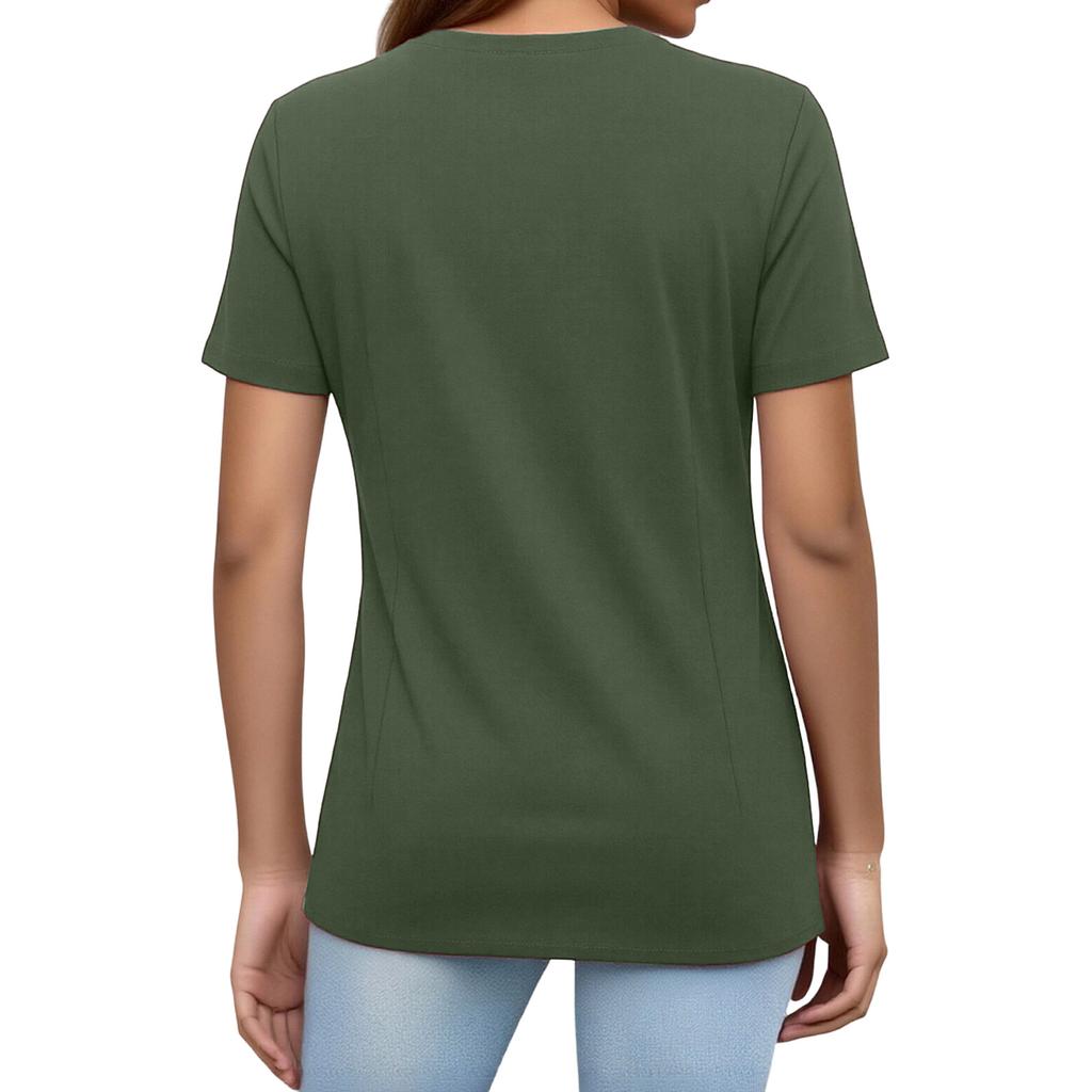 Top de uniforme de cuidador de manga corta con cuello en V de color para mujer con bolsillos de color