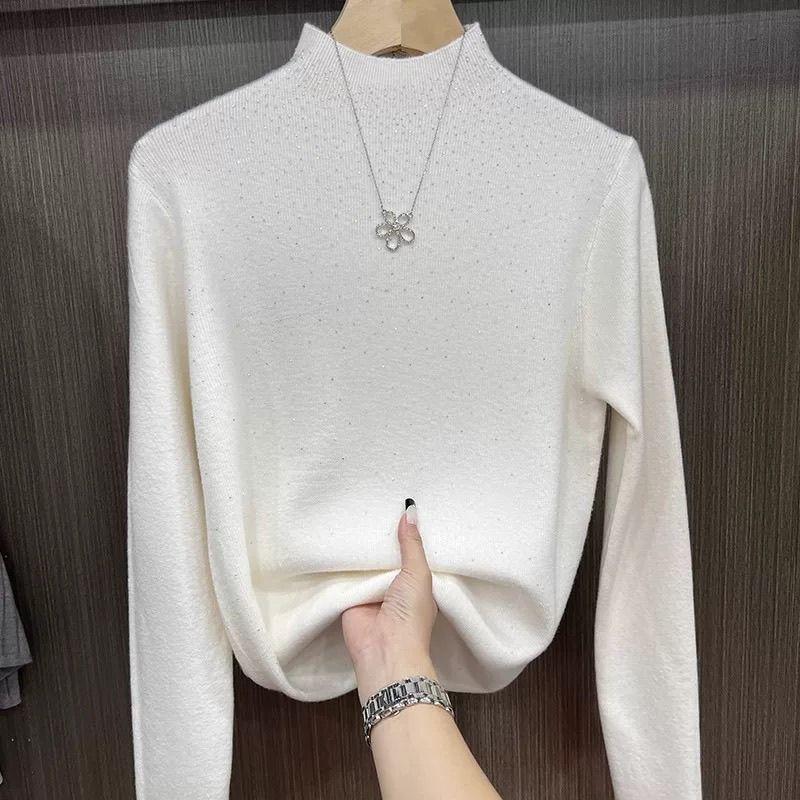 Women's Rhinestone Half-Turtleneck Sweater Autumn Winter Solid Color Knitted Pullover Soft Skin-Friendly Stretchy Knit Top
