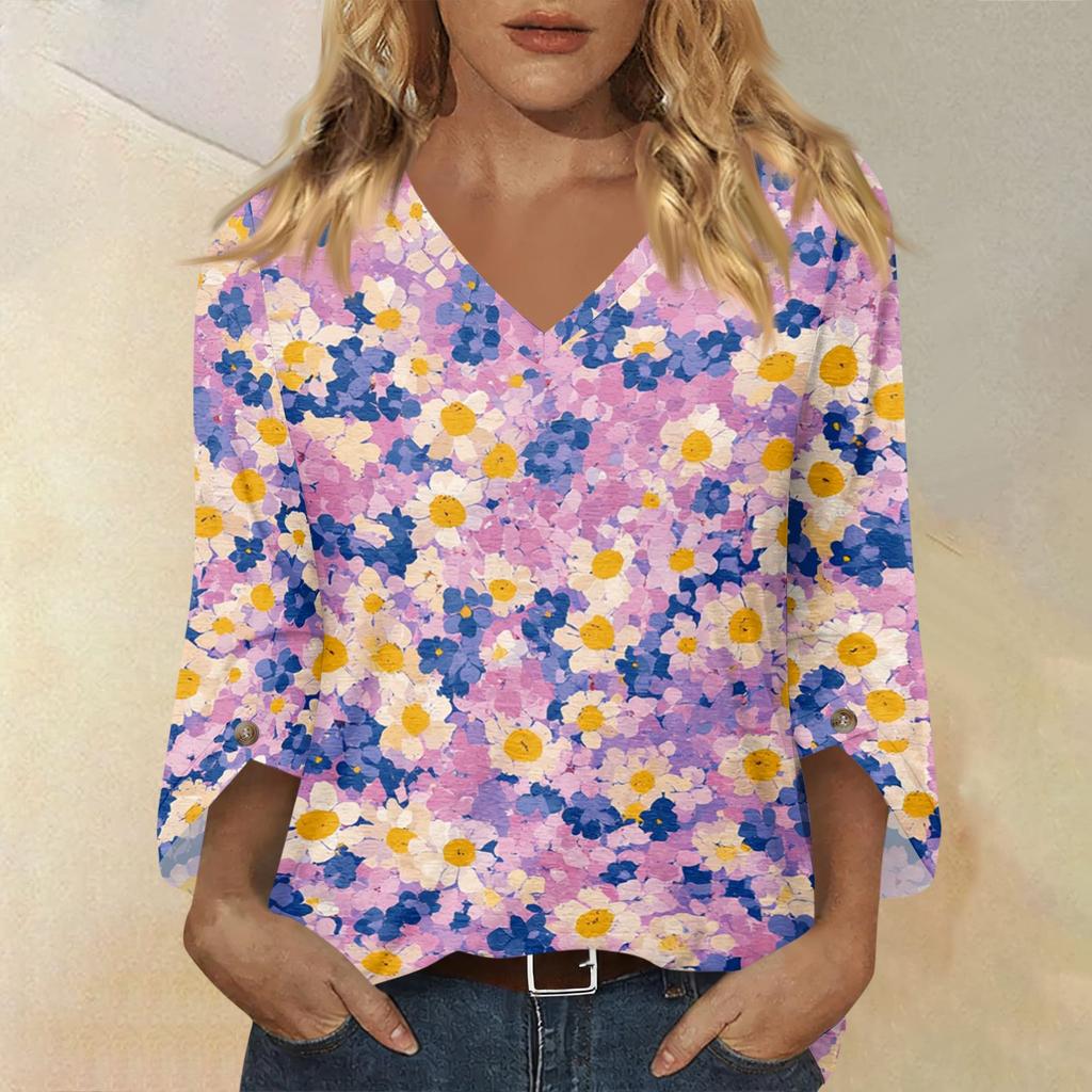 Womens V Neck Three Quarter Sleeve Floral Print Casual Loose Fit Top Comfortable Lightweight Blouse for Daily Wear Office and Travel