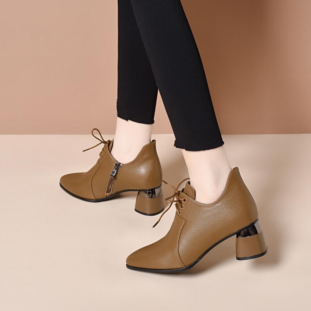 Pointed high heels women's spring new deep-mouth lace-up single shoes side zipper fashion shoes women's leather shoes