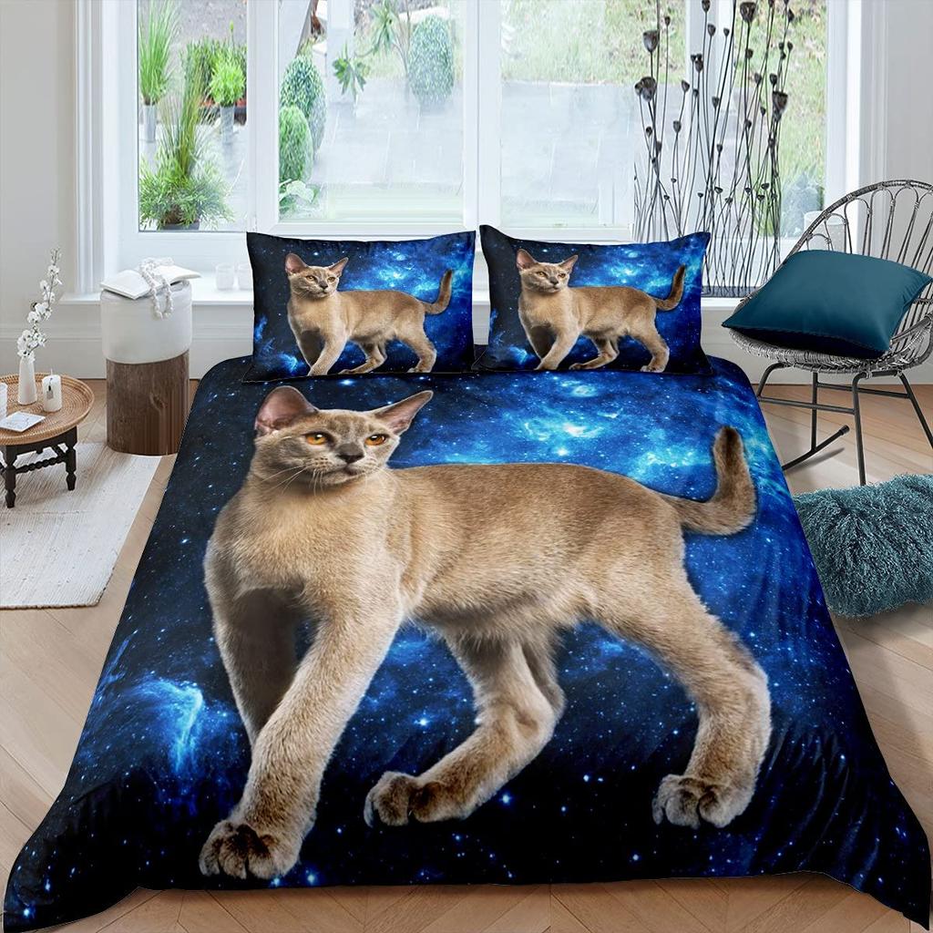 Galaxy Cat Duvet Cover Set Microfiber Universe Galaxy Bedding Set Cute Kitten Comforter Cover Outer Space Planets Quilt Cover
