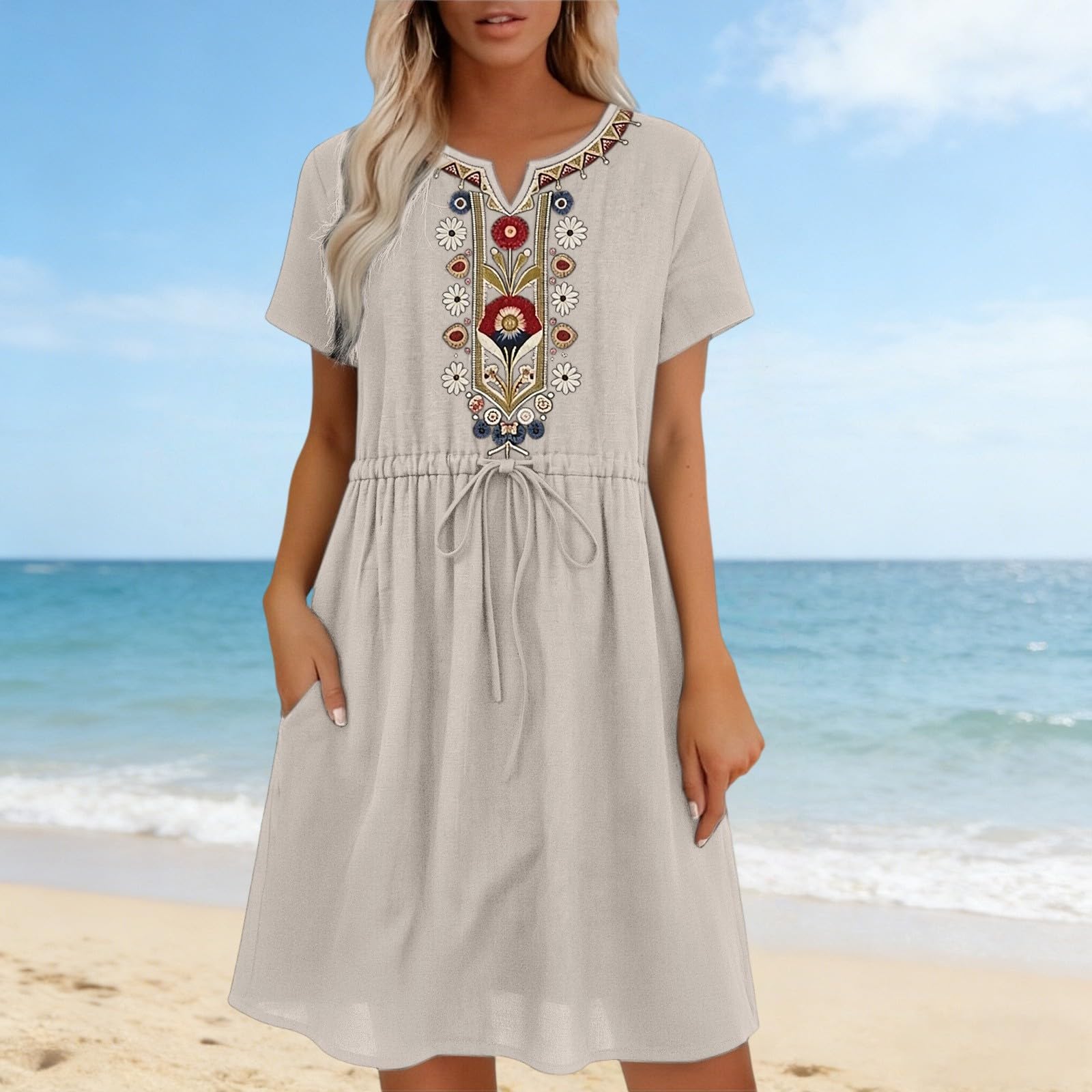 Women s Embroidered Dresses Cotton Linen Short Sleeve Floral Boho Pleated Flowy Dress S бежевый