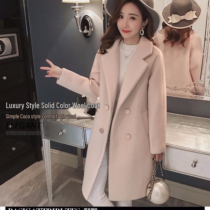 Korean Style Loose Fit Woolen Coat with Cotton Padding - Mid-Length & Slimming Design