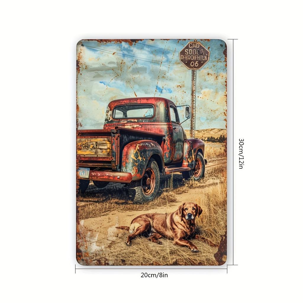 Vintage Truck and Dog Metal Tin Sign, Rustic Farmhouse Wall Art Decor, Gym Bar Cafe Garage Iron Art, Restaurant Home Forest Gard