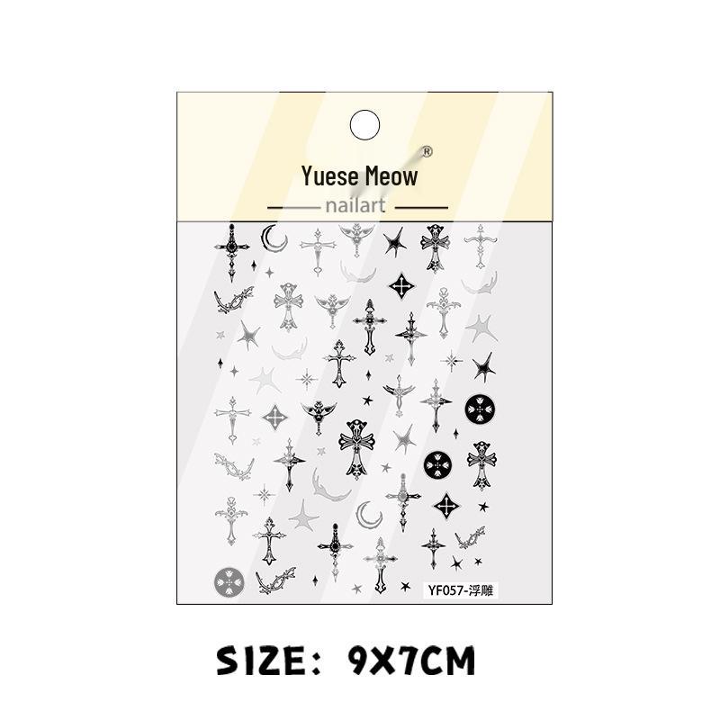 New Gothic Chrome Heart and Cross Nail Stickers: European & American Embossed Black and White Design