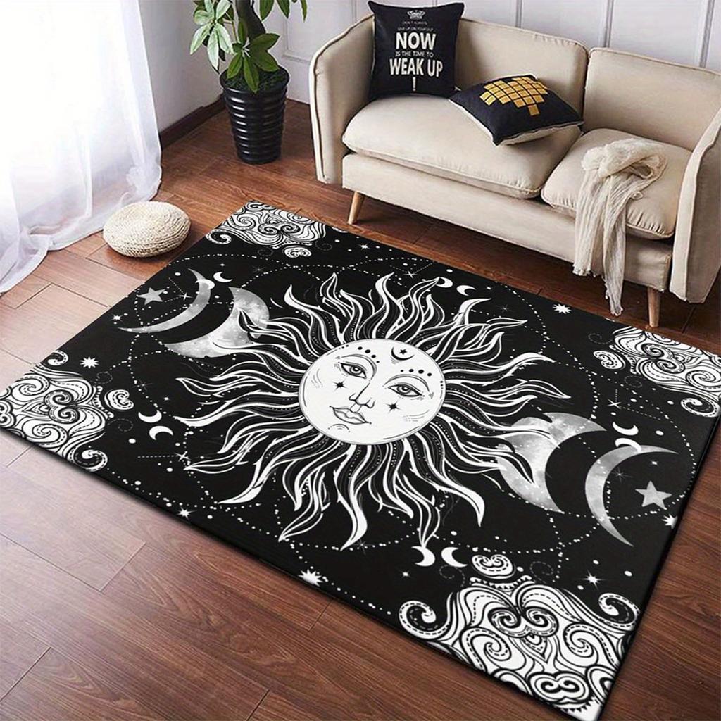 Soft 3D Sun and Moon Area Rug - Large, Non-Slip Polyester Mat with Mushroom & Skull Design for Living Room and Bedroom Decor