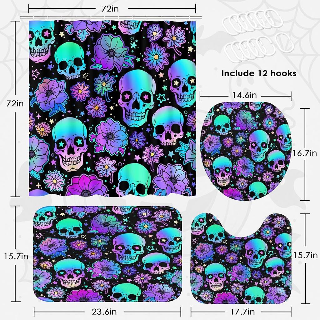 Halloween Skull Flower Shower Curtain Sets With Rugs Purple Neon Funny Horror Bathroom Set With Non-Slip Rug,Toilet Lid Cover,