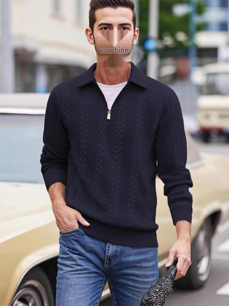 Half-Zip Stand Collar Cable Knit Men's Pullover Hoodie