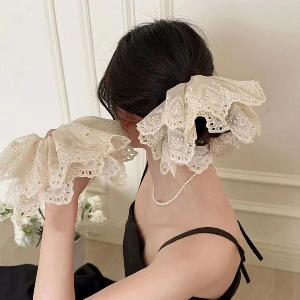 Chocoring Shop Romantic Embroidery Punching Lace Volume Scrunchie White beige