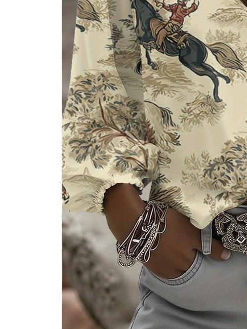 Retro ethnic V-neck women's long-sleeved top, lantern sleeve blouse, suitable for ranch party outfits and daily western clothing.