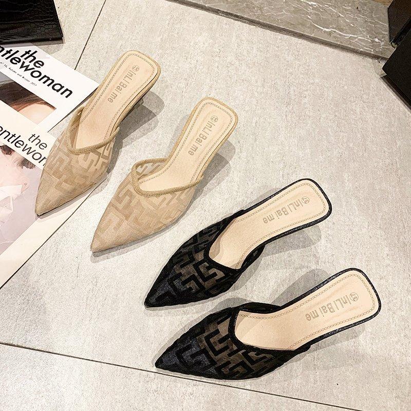 Women Mesh High Heels Temperament Sandals Female Summer Pointed Toe Party Thin Heeled Slippers Ladies Brand Design Slip On Shoes