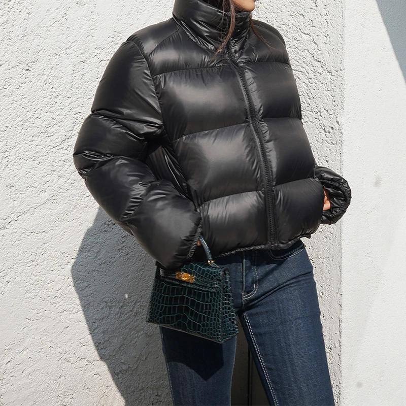 

Осеннее женское свободное хлопковое пальто на пуговицах с воротником-стойкой из искусственной кожи, повседневная зимняя утепленная однотонная хлопковая куртка XS чёрный