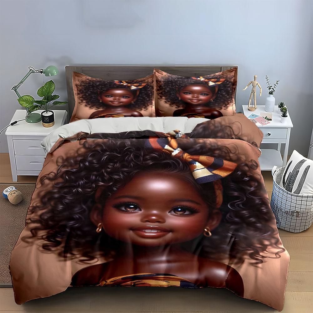 Curly Black Girl Portrait Duvet Cover Set African Art Warm Tone Bedding with 1 Duvet Cover 2 Pillowcases Single Double Gift