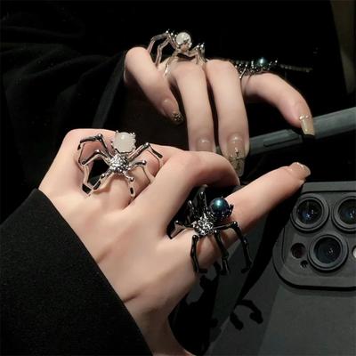 Dark Metal Spider Ring Neo-Gothic Punk Moonstone Pearl Ball Ring For Women Fashion Jewelry Party Accessories