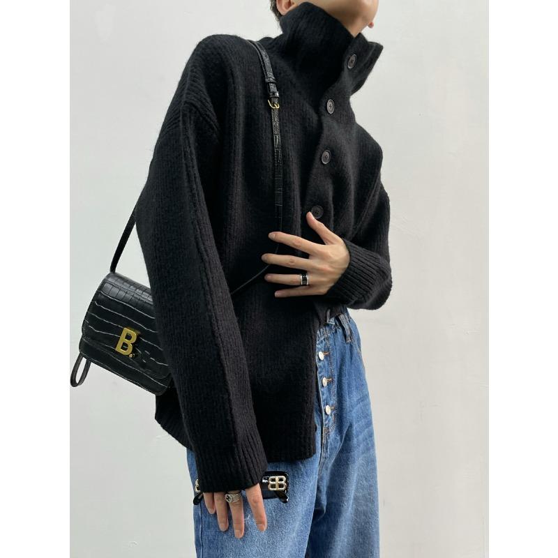 

Серый мягкий вязаный свитер с высоким воротом, свободный ленивый ветрозащитный кардиган, осенне-зимние вязаные топы, универсальная куртка, удобная, универсальная и модная One size чёрный