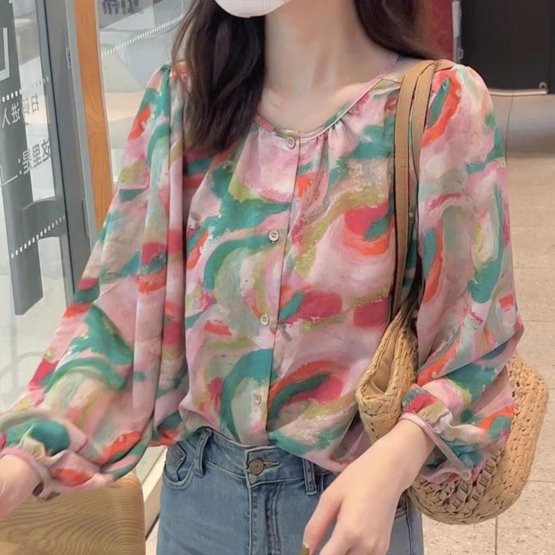 Fashionable, Fresh Chiffon Floral Long Sleeve Shirt for Women Spring and Summer New Casual Loose Puff Sleeve Top Trendy