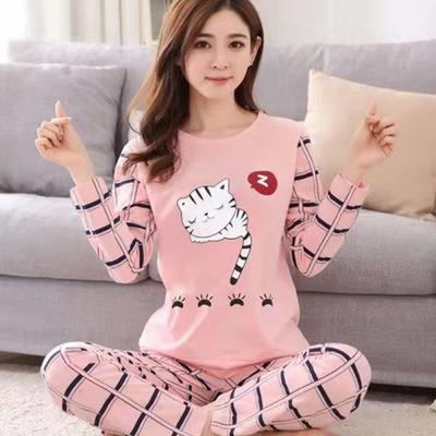 Cartoon Katze Print Pyjama Set Damen Zweiteilig Langarm Nachtwäsche