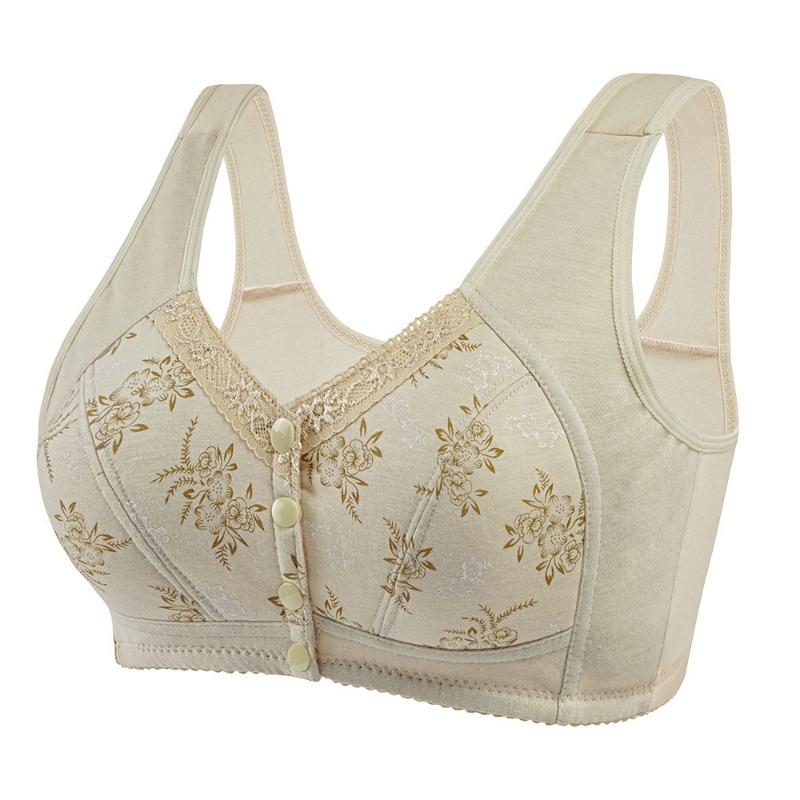 Grey Floral Print Front Closure Wireless Bra for Plus Size