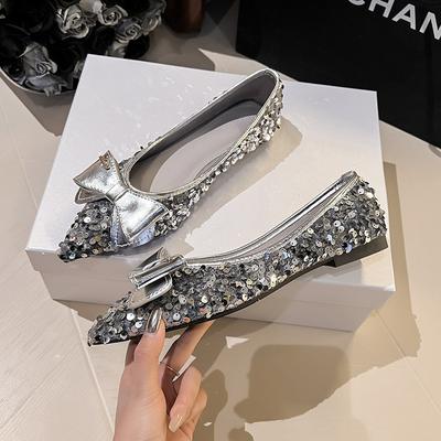 Chaussures simples pointues pour femmes 2024 printemps nouvelles chaussures à semelle souple avec nœud et paillettes à coupe peu profonde et fond plat