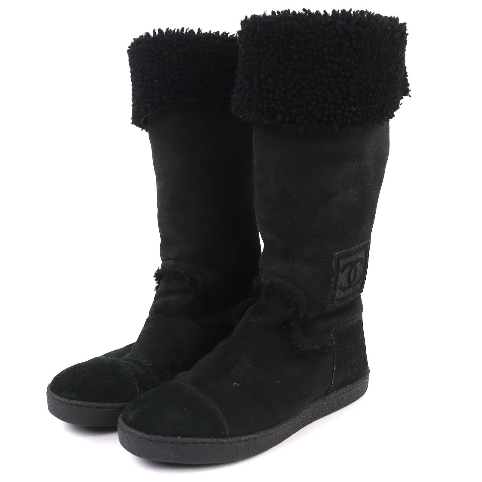 Great CHANEL Knee-high boots COCO Mark sheepskin boots black Mouton 37.5 G26278 Used