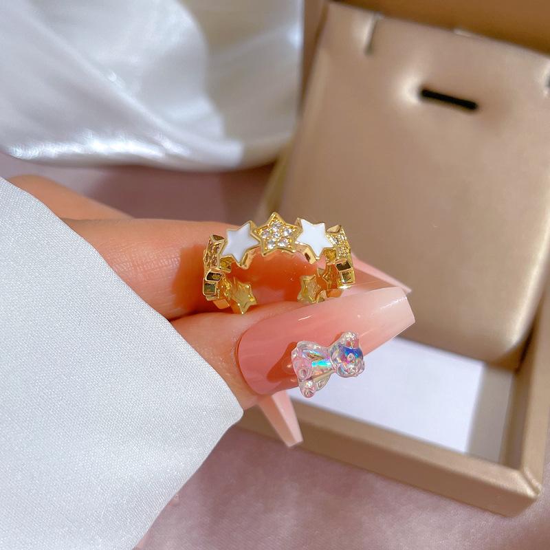Real Gold Pentagram Micro-Inlaid Ring Women'S Opening Adjustable Ring Jewelry Douyin Same Jewelry