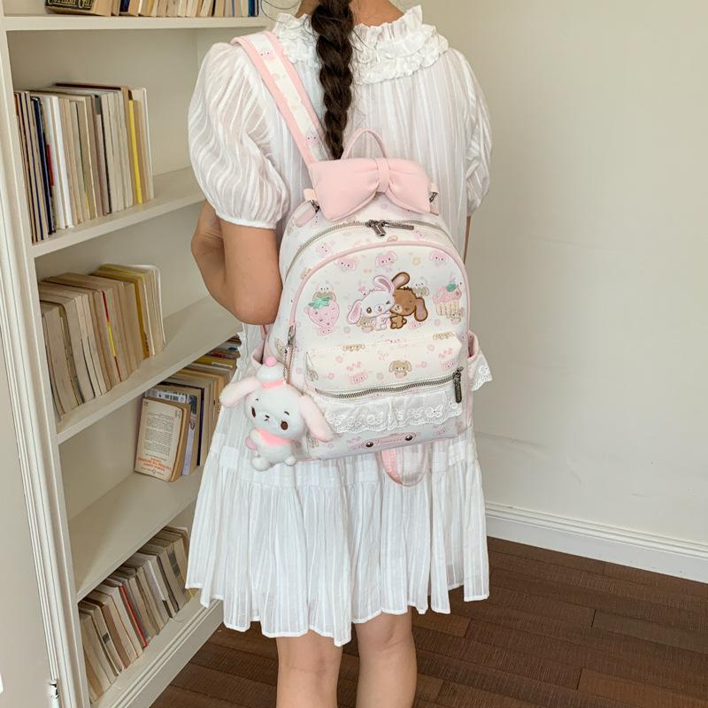 Schoolbag Japanese soft girl rabbit backpack full of printed strawberry cake embroidered backpack bow lace lace school bag